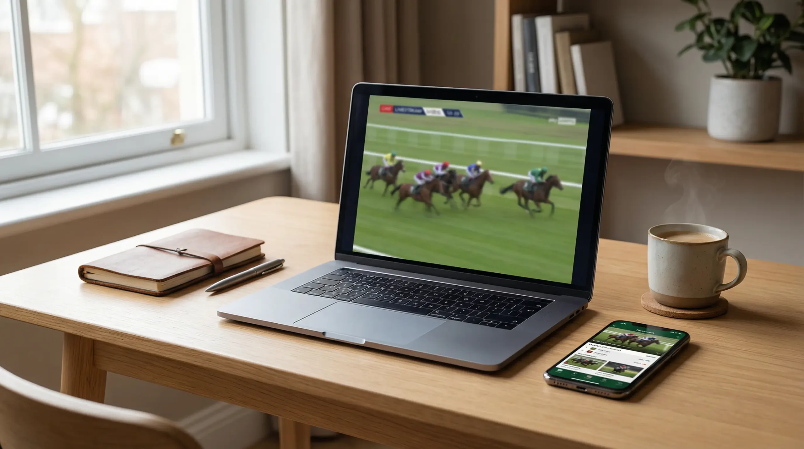 Laptop mit Pferderennen-Livestream auf dem Bildschirm neben einem Smartphone
