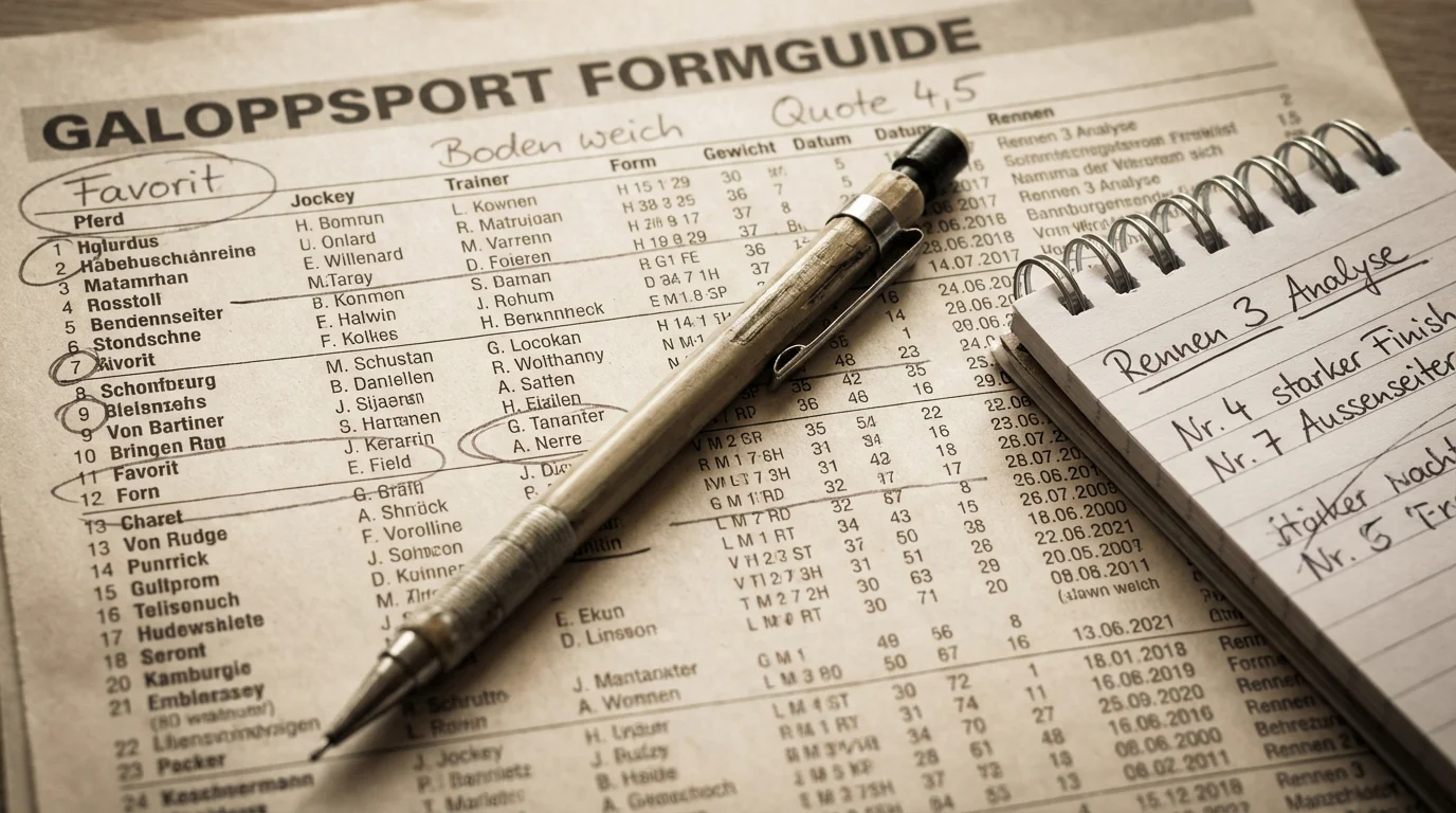 Nahaufnahme eines Rennprogramms mit handschriftlichen Notizen zur Formanalyse