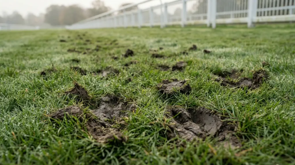 Nahaufnahme von Grasgeläuf auf einer Galopprennbahn mit sichtbaren Hufabdrücken