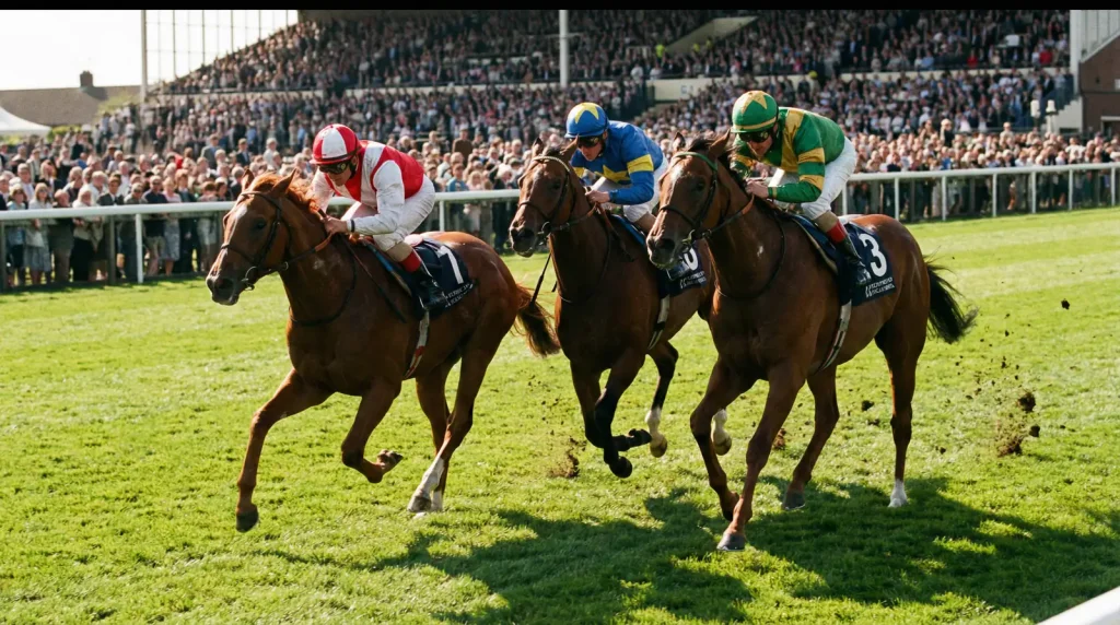 Vollblüter im gestreckten Galopp auf grünem Turf während eines Flachrennens