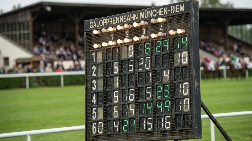 Totalisator-Anzeigetafel auf einer Galopprennbahn mit Quotendarstellung