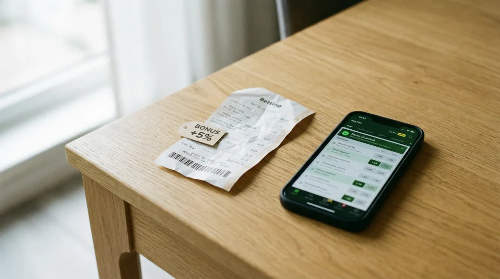 Wettschein mit Bonuskennzeichnung neben einem Smartphone auf einem Tisch