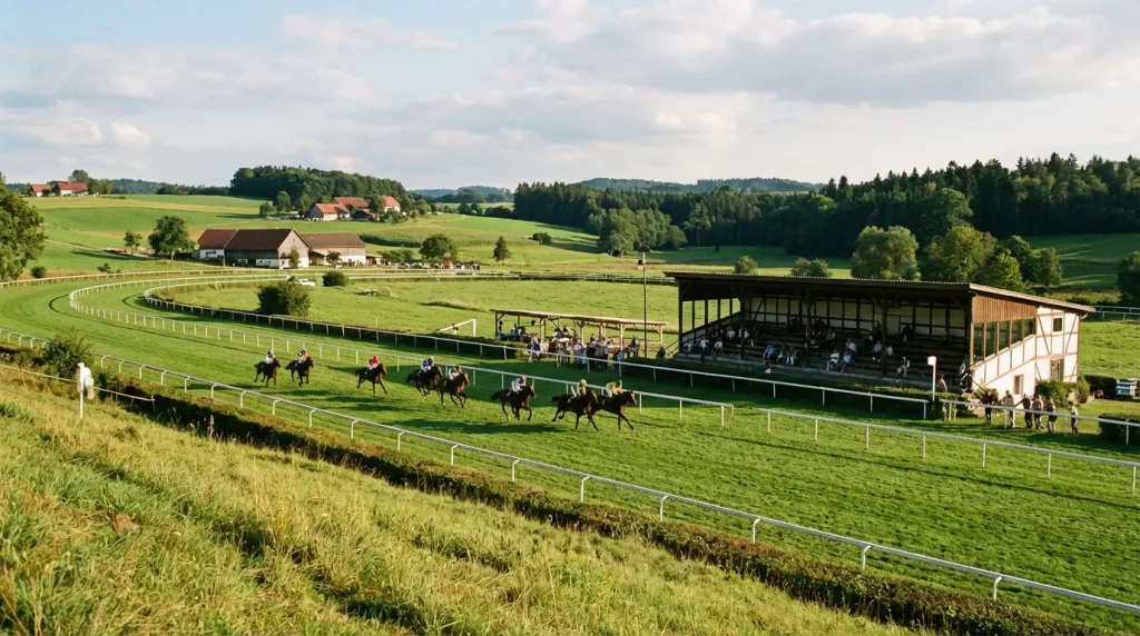 Panorama einer deutschen Galopprennbahn mit Tribüne und Starterfeld