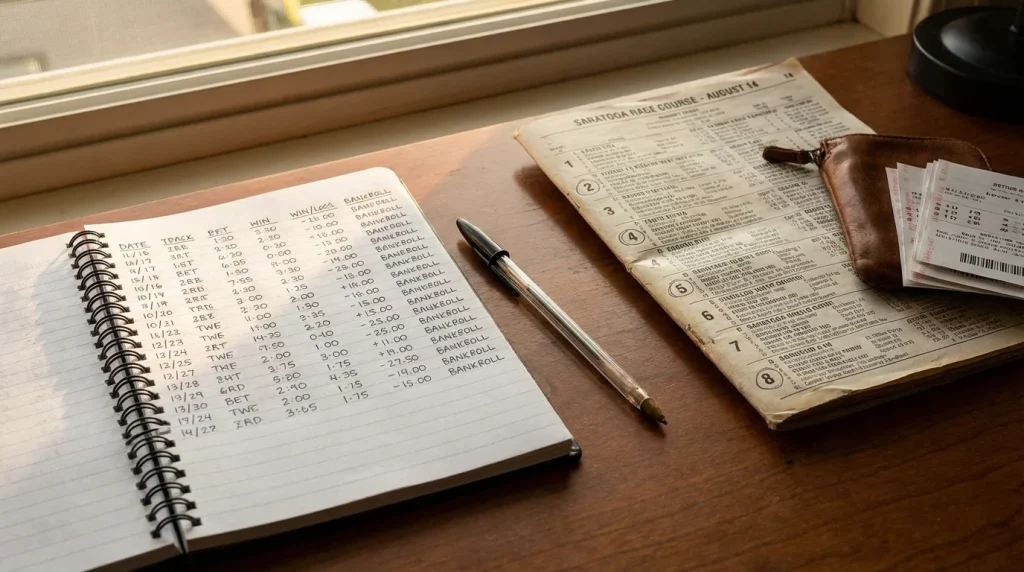 Notizbuch mit handschriftlicher Wettbilanz und Stift neben einem Rennprogramm