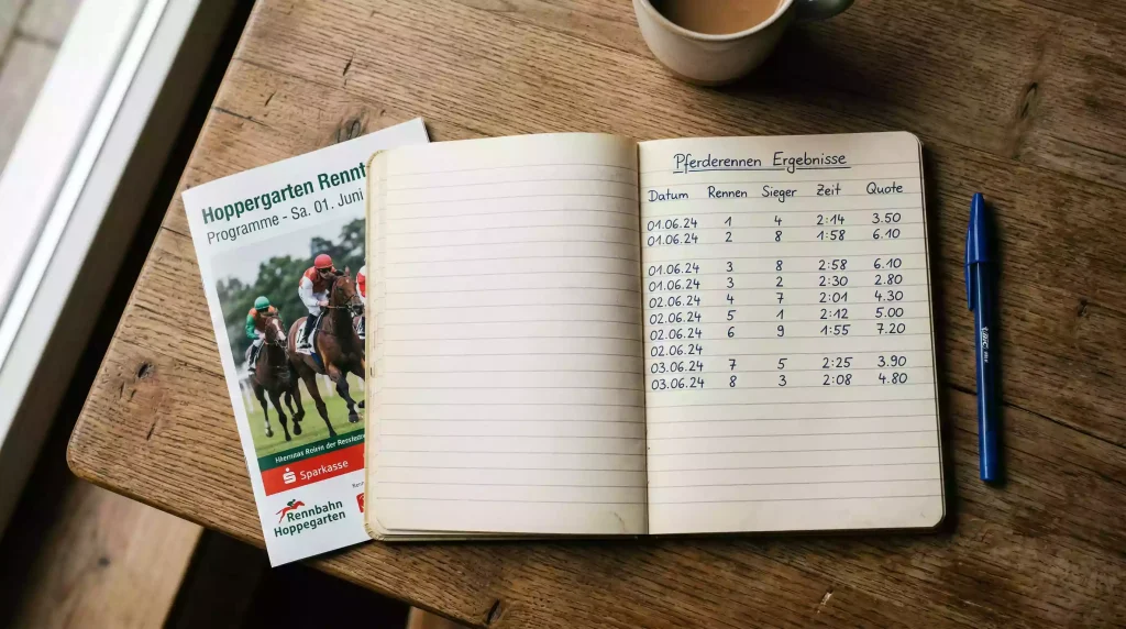 Notizbuch mit handschriftlicher Wettbilanz neben einem Rennprogramm