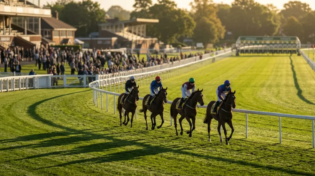 Pferdewetten Strategie - Rennpferde im Aufgalopp vor dem Start auf einer Galopprennbahn