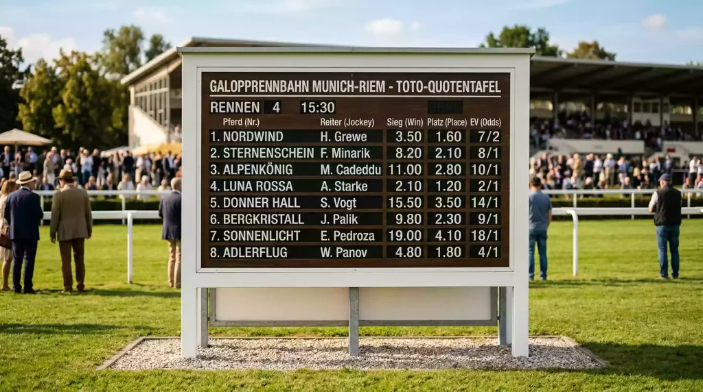 Totalisator vs. Festkurs bei Pferdewetten - Quotentafel auf einer Galopprennbahn